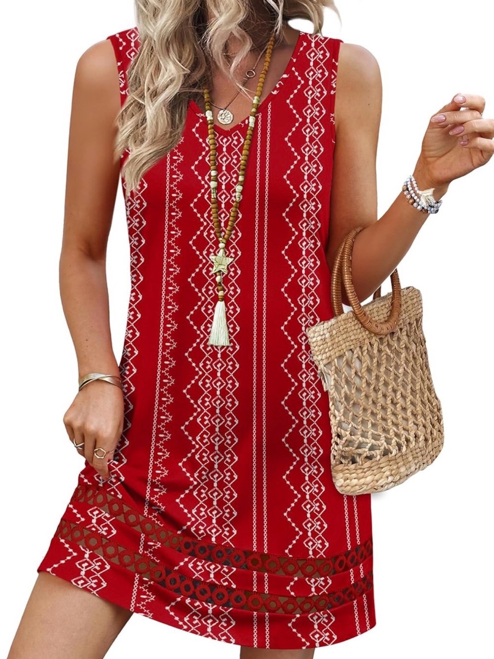 Red Sleeveless Printed Shift Dress